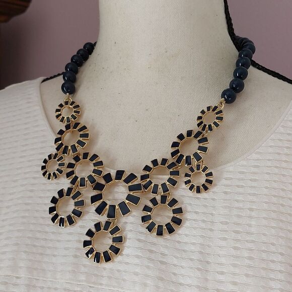 Talbots Gold Tone and Navy Blue Enameled Sunburst and Beads Statement Necklace - Picture 2 of 6